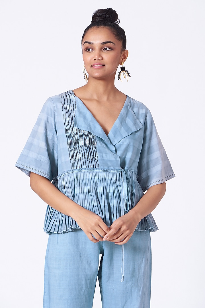 Tranquil Blue Checkered Peplum Top by Urvashi Kaur at Pernia's Pop Up Shop