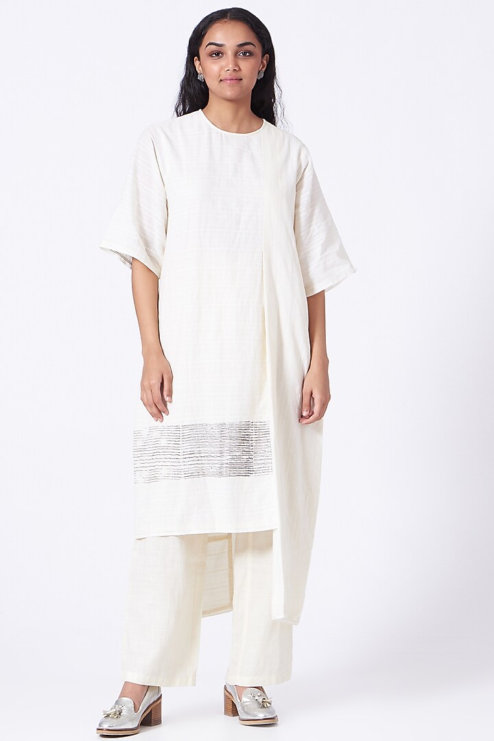 Antique White Hand Block Printed Long Tunic by Urvashi Kaur at Pernia's Pop Up Shop