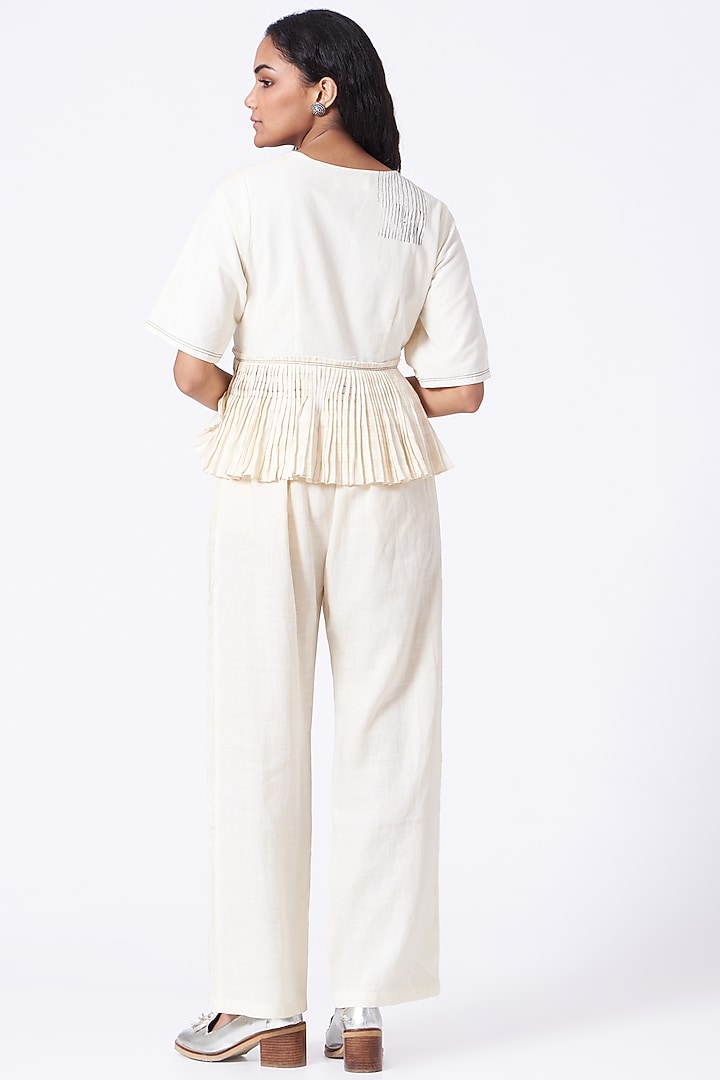 Antique White Hand Block Printed Peplum Top by Urvashi Kaur at Pernia's Pop Up Shop
