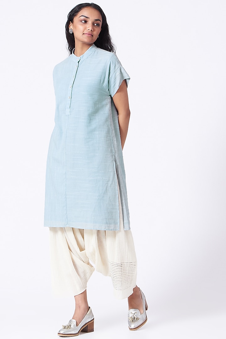 Tranquil Blue Kurta Tunic With Printed Stripes by Urvashi Kaur