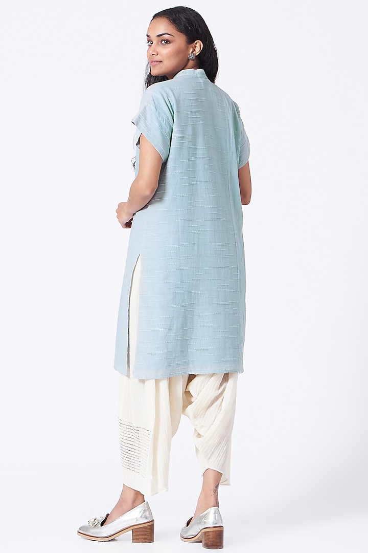 Tranquil Blue Kurta Tunic With Printed Stripes by Urvashi Kaur at Pernia's Pop Up Shop