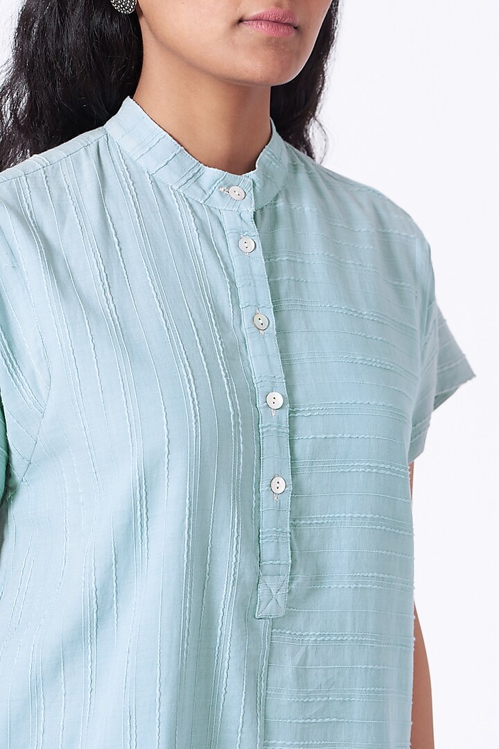 Tranquil Blue Kurta Tunic With Printed Stripes by Urvashi Kaur at Pernia's Pop Up Shop
