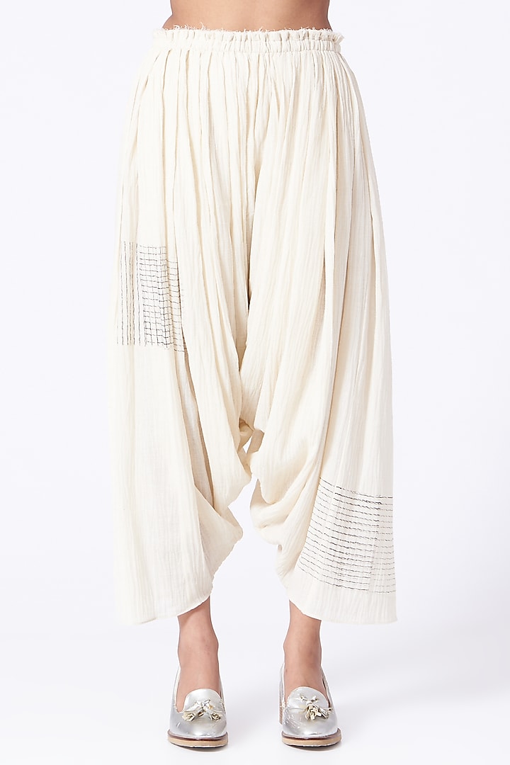 Antique White Hand Block Printed Salwar Pants by Urvashi Kaur at Pernia's Pop Up Shop