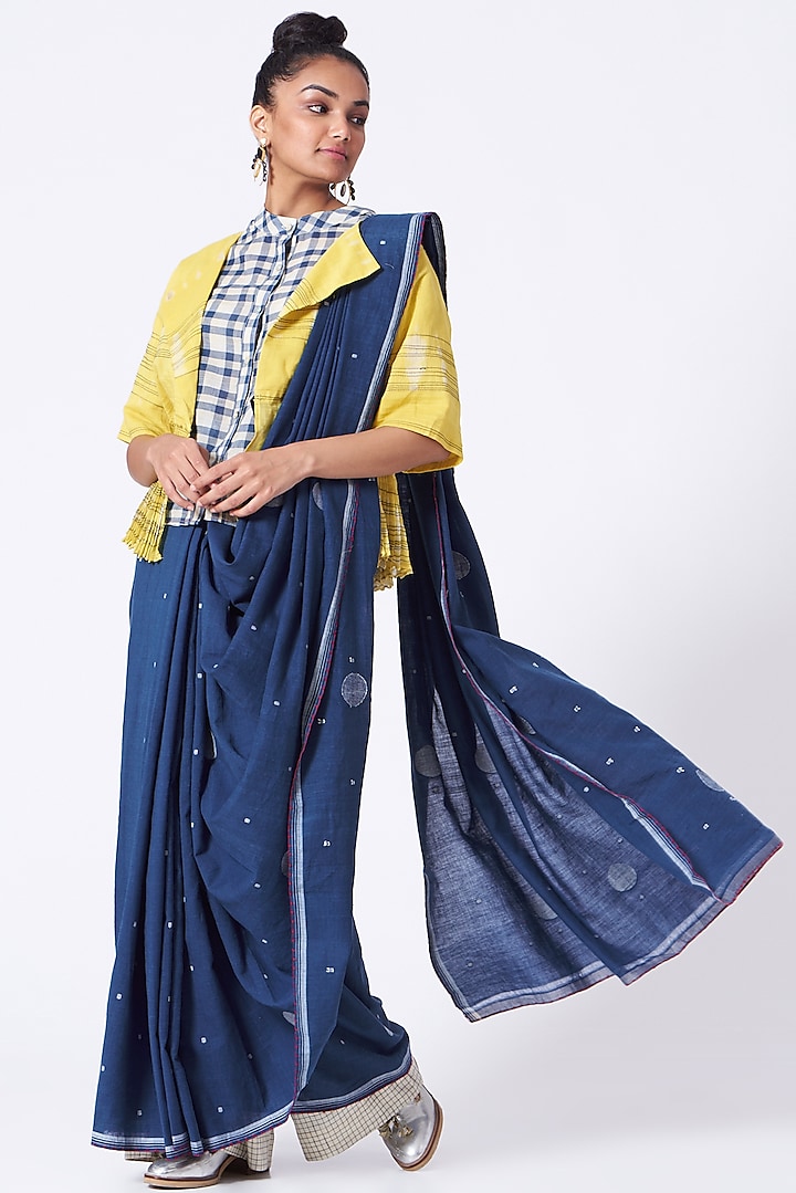 Indigo Saree With Kantha Work by Urvashi Kaur