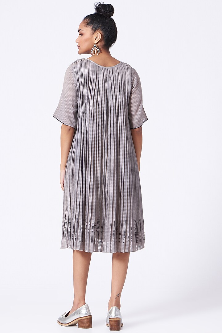 Pearl Grey Hand Block Printed Pleated Vacation Dress by Urvashi Kaur at Pernia's Pop Up Shop