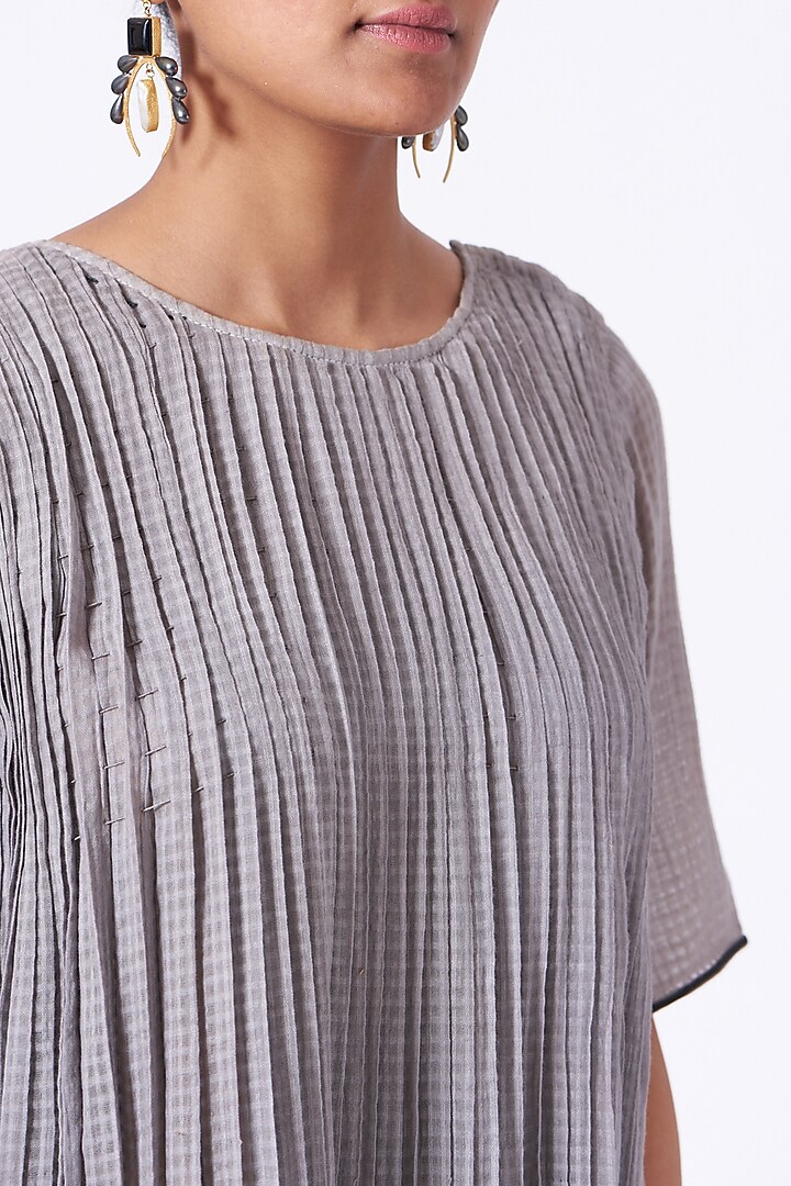Pearl Grey Hand Block Printed Pleated Vacation Dress by Urvashi Kaur at Pernia's Pop Up Shop