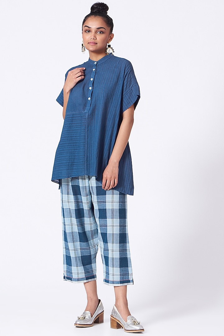 Tranquil Blue Checkered Cropped Pants by Urvashi Kaur