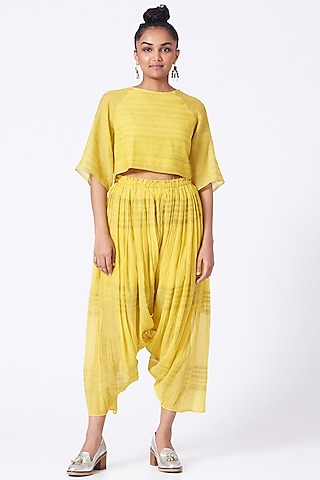 Yellow Silk Cotton Crop Top by Urvashi Kaur