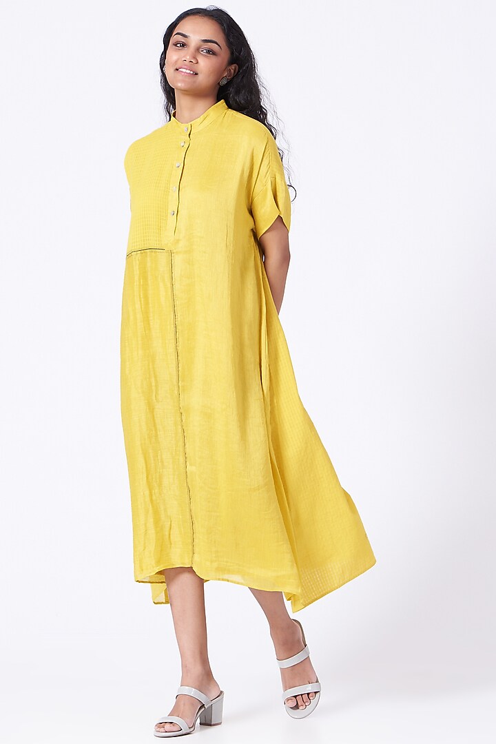 Yellow Handwoven Cotton Checkered Dress by Urvashi Kaur