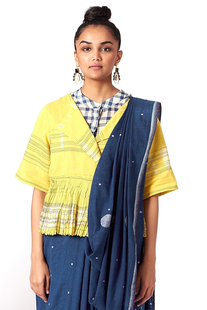 Yellow Hand Block Printed Peplum Top by Urvashi Kaur at Pernia's Pop Up Shop