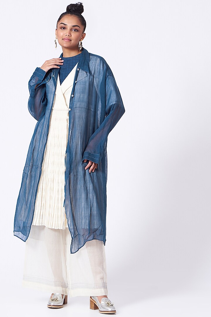 Cobalt Blue Handwoven Wrapped Summer Shirt Dress by Urvashi Kaur at Pernia's Pop Up Shop