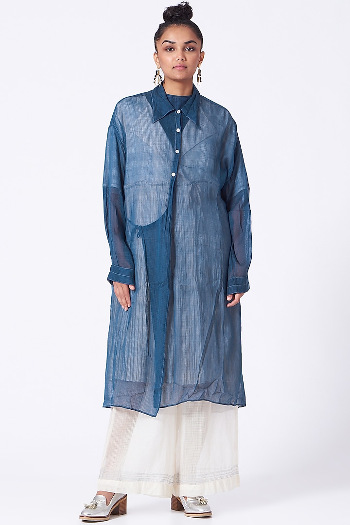 Cobalt Blue Handwoven Wrapped Summer Shirt Dress by Urvashi Kaur at Pernia's Pop Up Shop