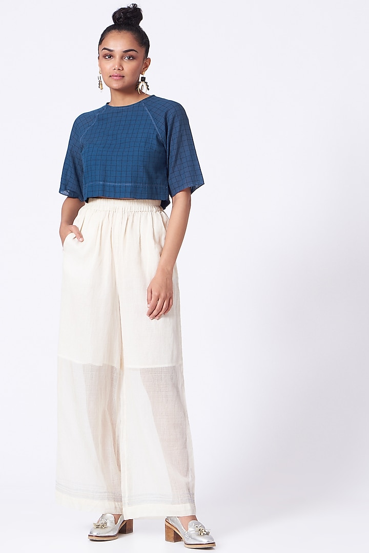 Cobalt Blue Checkered Crop Top by Urvashi Kaur