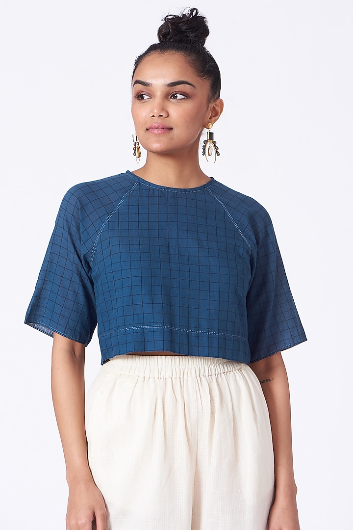 Cobalt Blue Checkered Crop Top by Urvashi Kaur at Pernia's Pop Up Shop