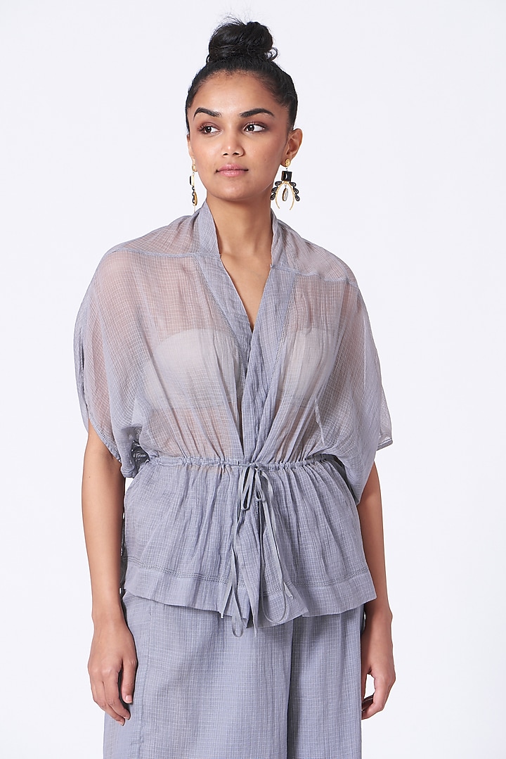 Grey Handwoven Kota Cotton Jacket by Urvashi Kaur at Pernia's Pop Up Shop