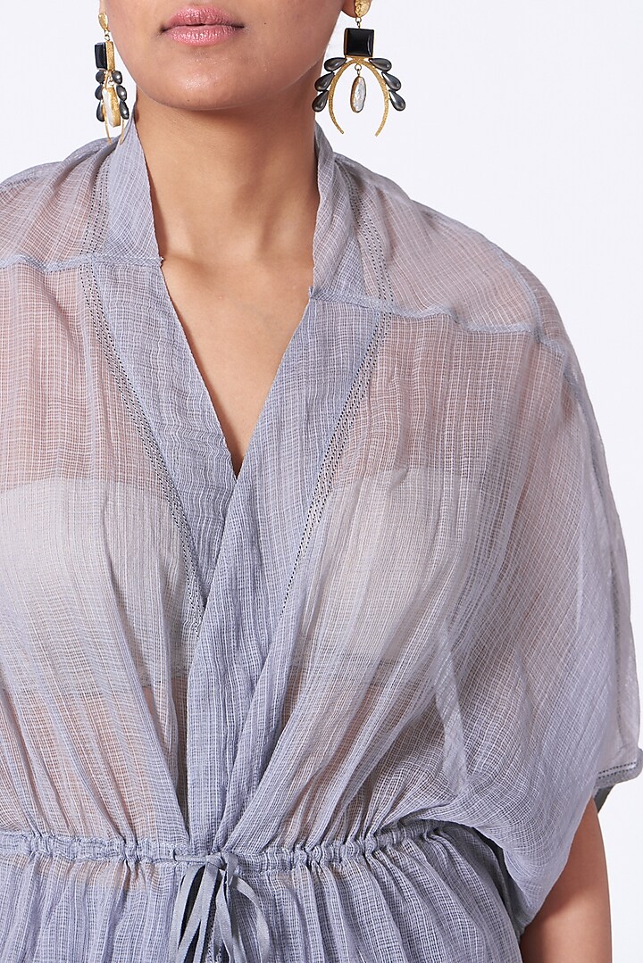 Grey Handwoven Kota Cotton Jacket by Urvashi Kaur at Pernia's Pop Up Shop