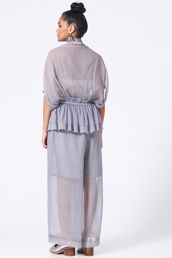 Grey Handwoven Kota Cotton Pants by Urvashi Kaur at Pernia's Pop Up Shop