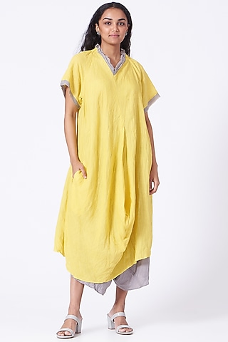 Yellow Crushed Asymmetrical Dress by Urvashi Kaur
