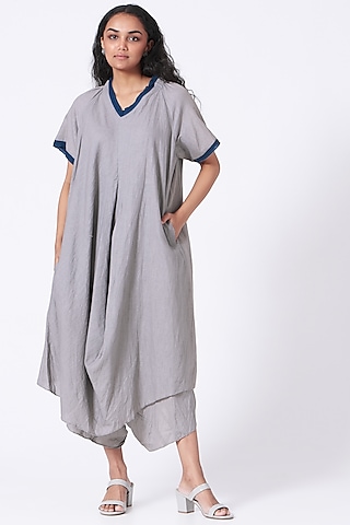 Pearl Grey Crushed Asymmetrical Dress by Urvashi Kaur