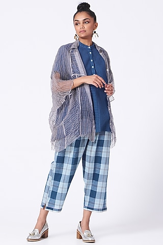Pearl Grey Hand Block Printed Oversized Shirt by Urvashi Kaur
