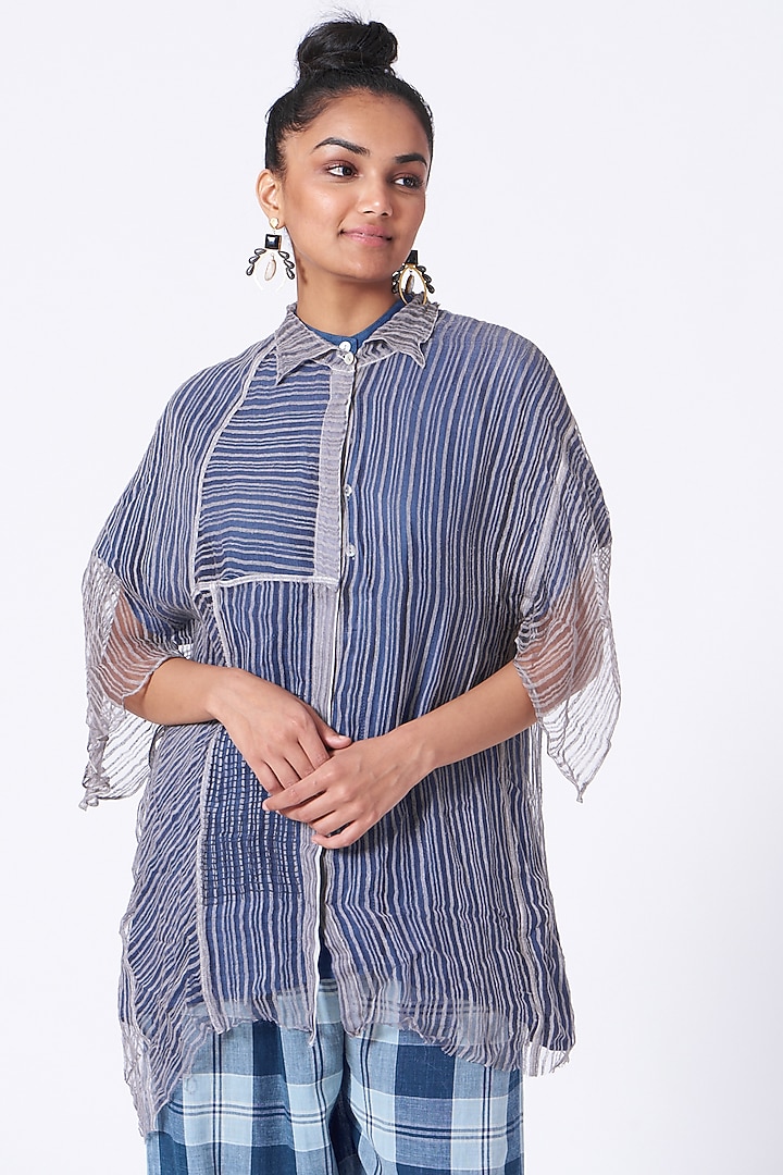 Pearl Grey Hand Block Printed Oversized Shirt by Urvashi Kaur at Pernia's Pop Up Shop