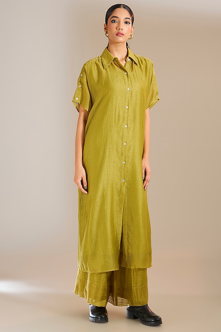 Mehendi Green Striped Chanderi Silk Shirt Dress by Urvashi Kaur at Pernia's Pop Up Shop