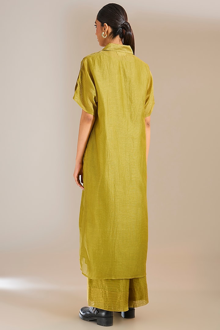 Mehendi Green Striped Chanderi Silk Vacation Shirt Dress by Urvashi Kaur at Pernia's Pop Up Shop