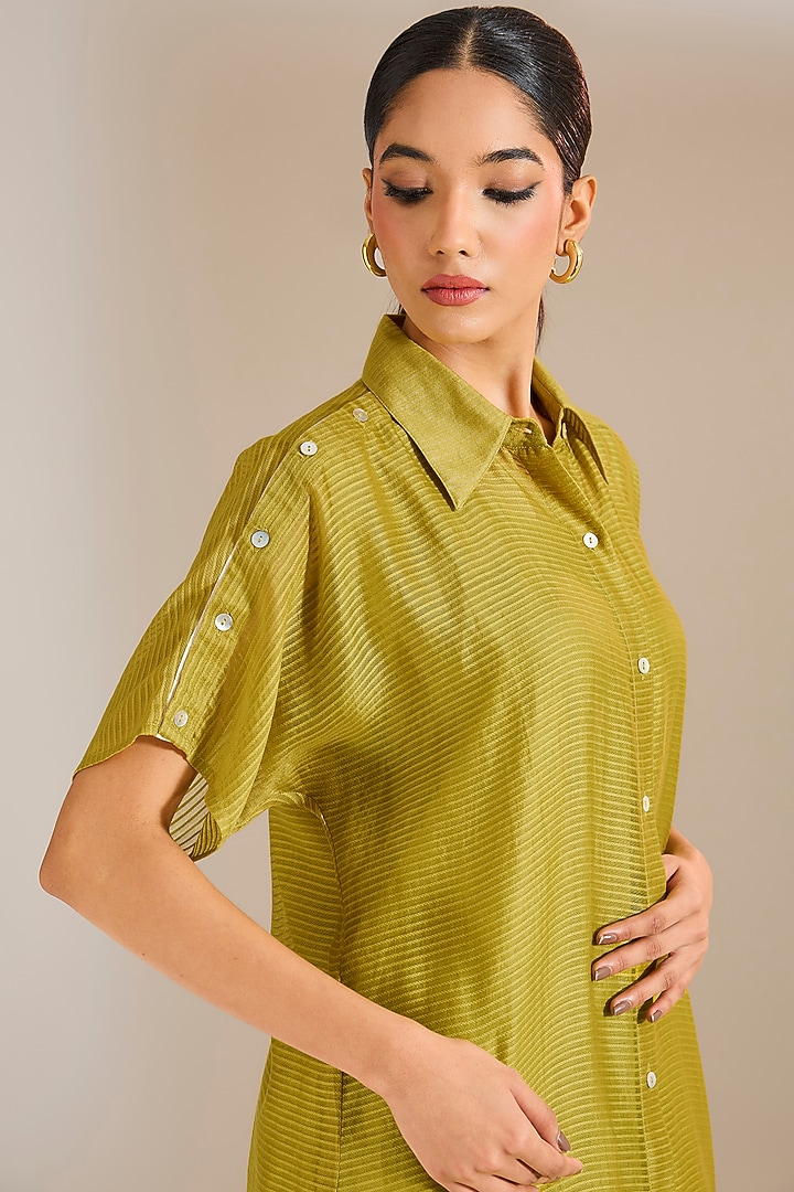 Mehendi Green Striped Chanderi Silk Vacation Shirt Dress by Urvashi Kaur at Pernia's Pop Up Shop