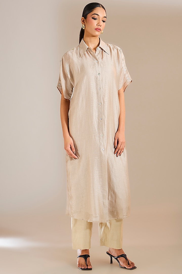 Silver-Grey Striped Chanderi Silk Shirt Dress by Urvashi Kaur at Pernia's Pop Up Shop