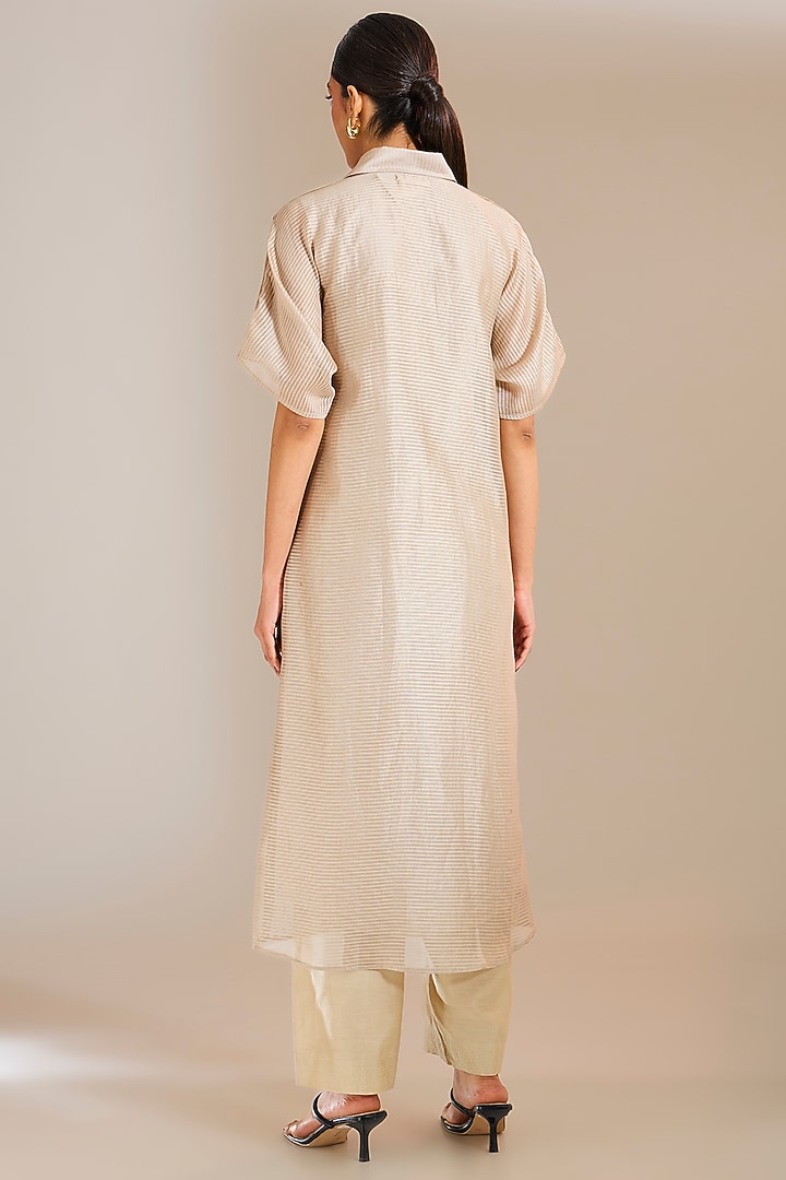 Silver-Grey Striped Chanderi Silk Vacation Shirt Dress by Urvashi Kaur at Pernia's Pop Up Shop