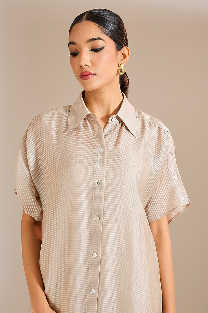 Silver-Grey Striped Chanderi Silk Vacation Shirt Dress by Urvashi Kaur at Pernia's Pop Up Shop