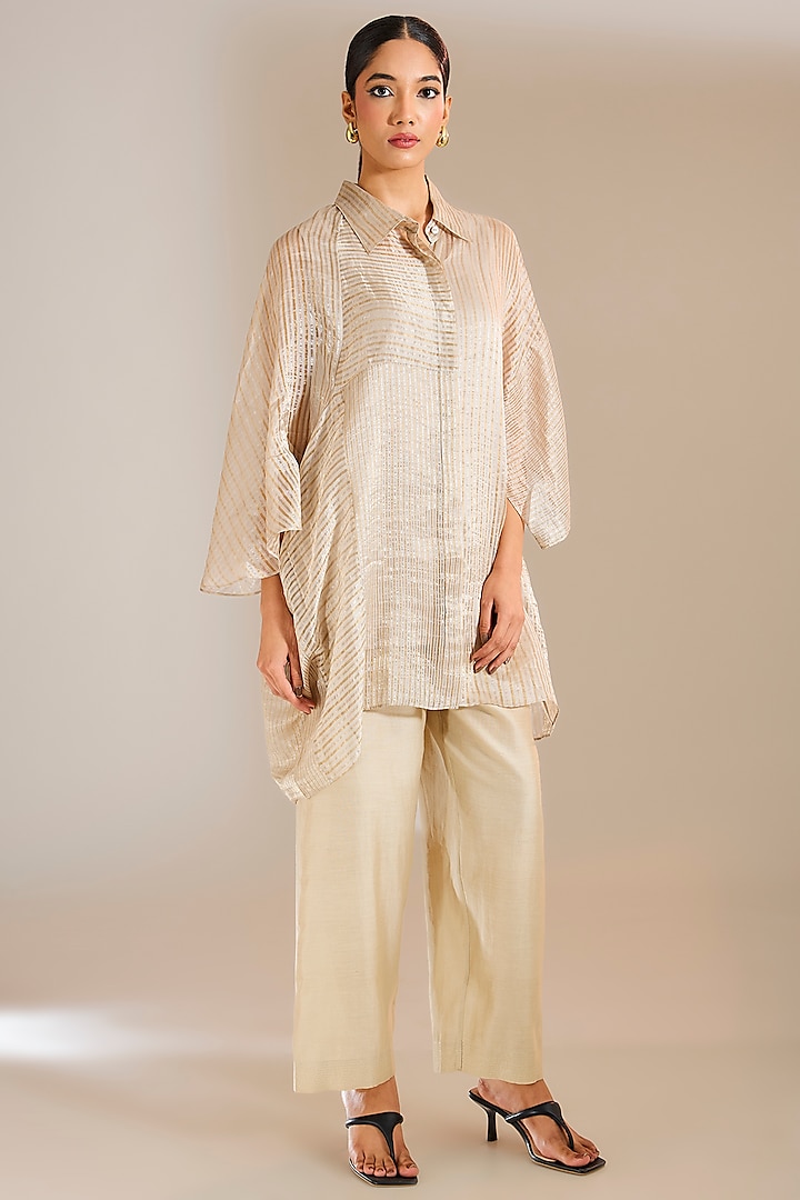 Silver-Grey Chanderi Silk Straight Pants by Urvashi Kaur at Pernia's Pop Up Shop