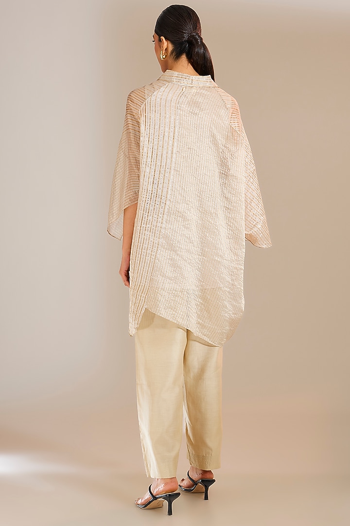 Silver-Grey Chanderi Silk Straight Pants by Urvashi Kaur at Pernia's Pop Up Shop