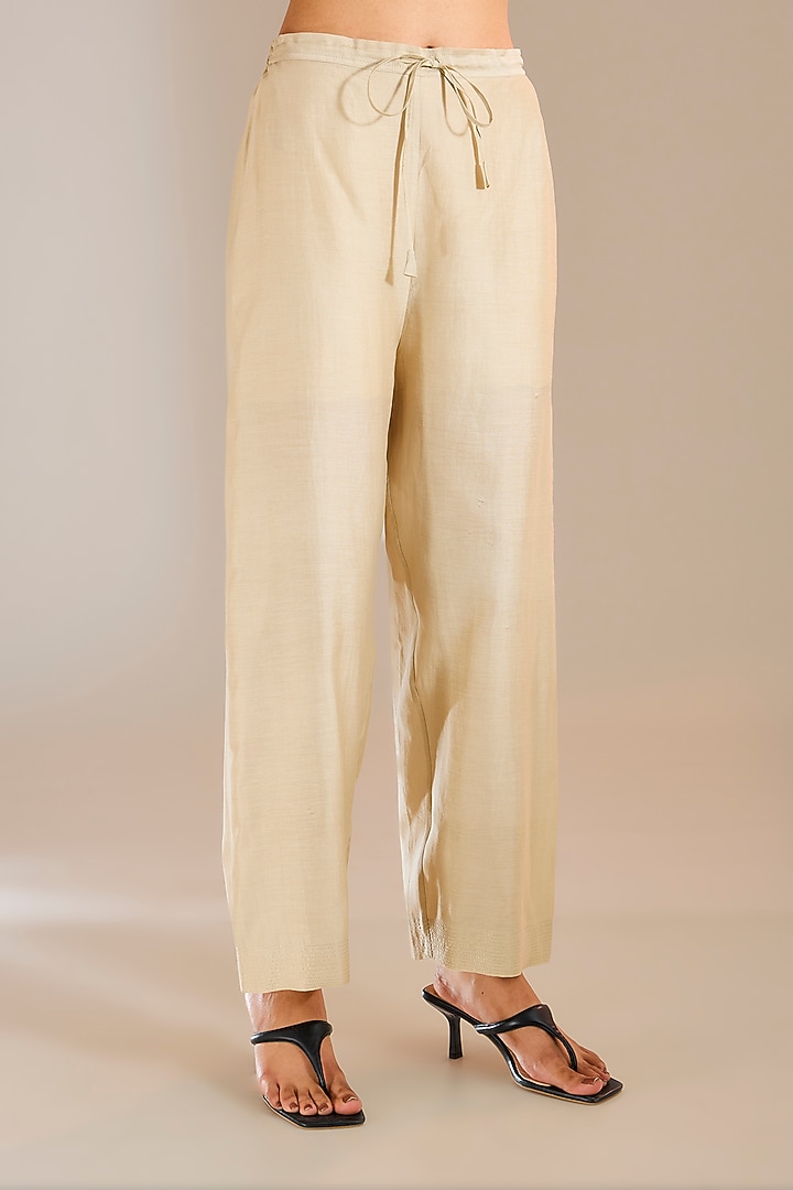 Silver-Grey Chanderi Silk Straight Pants by Urvashi Kaur at Pernia's Pop Up Shop