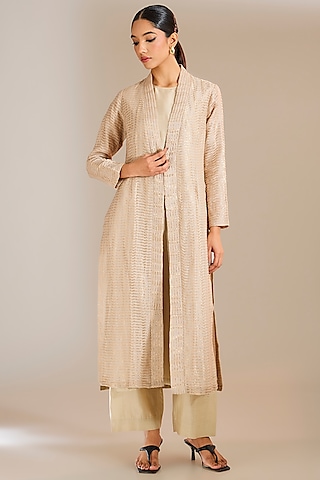Silver-Grey Tissue Silk Panelled Jacket by Urvashi Kaur