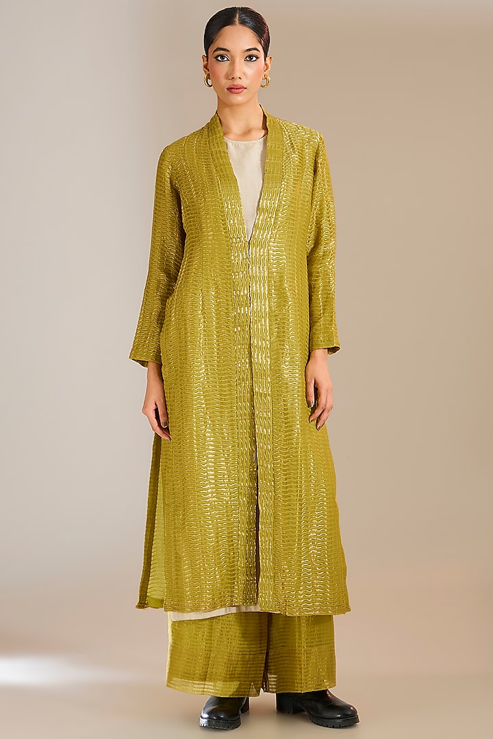 Mehendi Tissue Silk Panelled Jacket by Urvashi Kaur at Pernia's Pop Up Shop