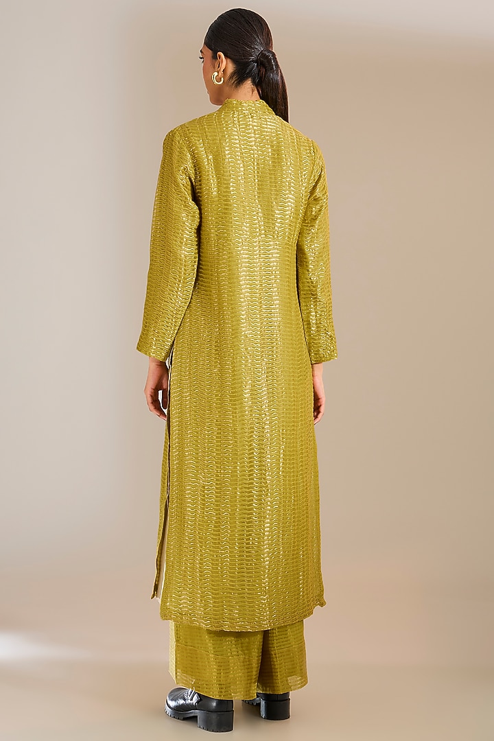 Mehendi Tissue Silk Panelled Jacket by Urvashi Kaur at Pernia's Pop Up Shop