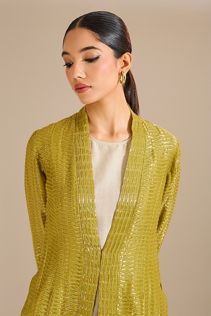 Mehendi Tissue Silk Panelled Jacket by Urvashi Kaur at Pernia's Pop Up Shop