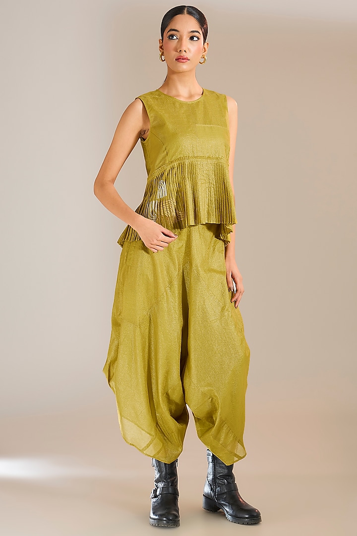 Mehendi Green Tissue Zari Silk Peplum Top by Urvashi Kaur at Pernia's Pop Up Shop