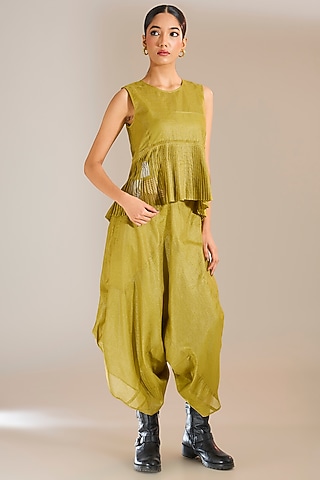Mehendi Green Tissue Zari Silk Peplum Top by Urvashi Kaur