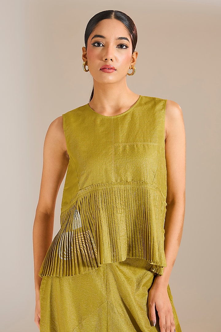 Mehendi Green Tissue Zari Silk Peplum Top by Urvashi Kaur at Pernia's Pop Up Shop