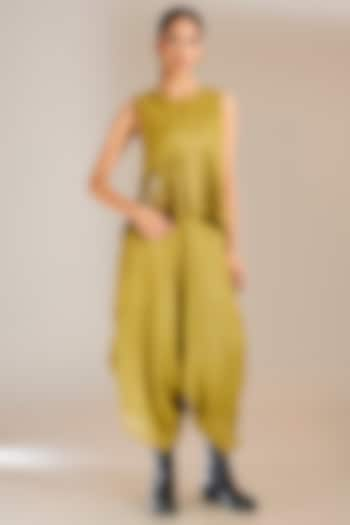 Mehendi Green Striped Tissue Silk Asymmetric Pants by Urvashi Kaur at Pernia's Pop Up Shop