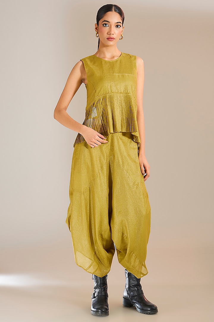 Mehendi Green Striped Tissue Silk Asymmetric Pants by Urvashi Kaur at Pernia's Pop Up Shop