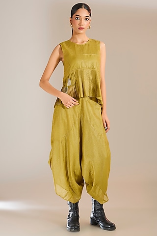 Mehendi Green Striped Tissue Silk Asymmetric Pants by Urvashi Kaur