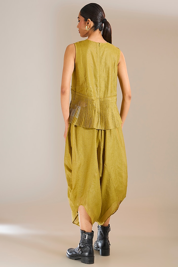 Mehendi Green Striped Tissue Silk Asymmetric Pants by Urvashi Kaur at Pernia's Pop Up Shop