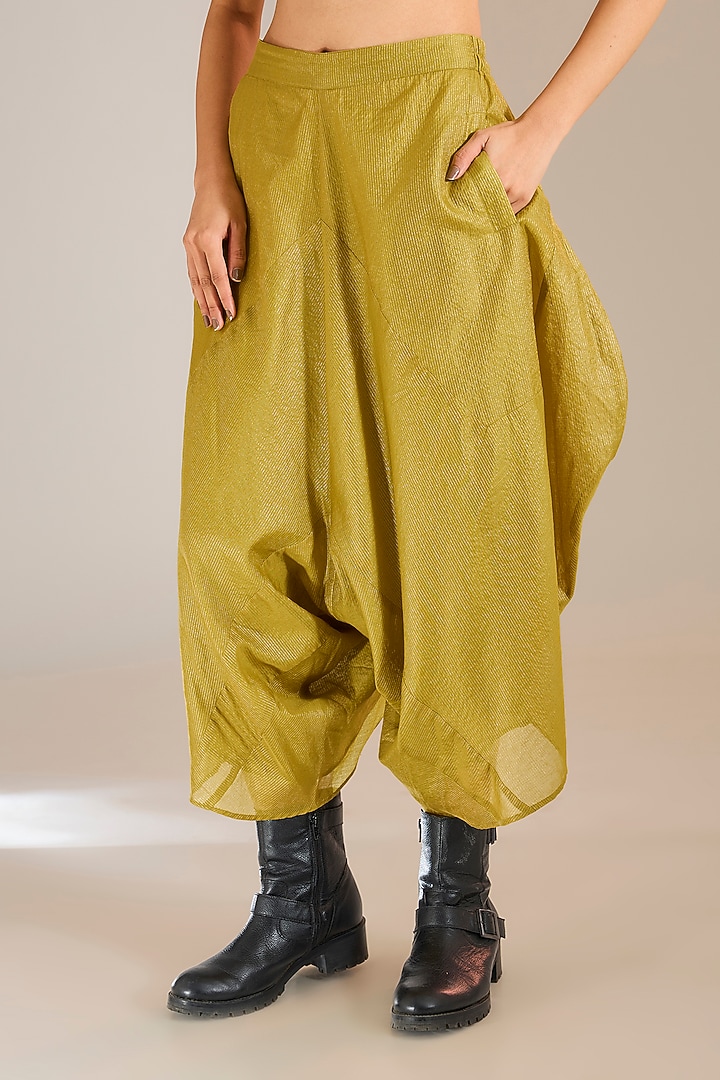 Mehendi Green Striped Tissue Silk Asymmetric Pants by Urvashi Kaur at Pernia's Pop Up Shop