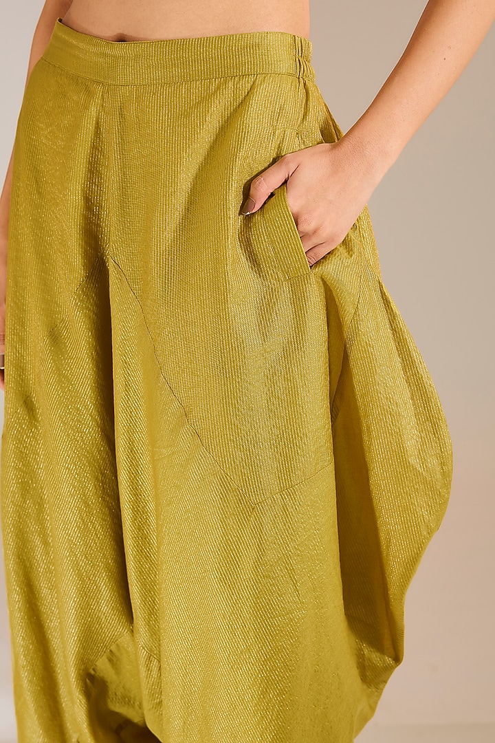 Mehendi Green Striped Tissue Silk Asymmetric Pants by Urvashi Kaur at Pernia's Pop Up Shop