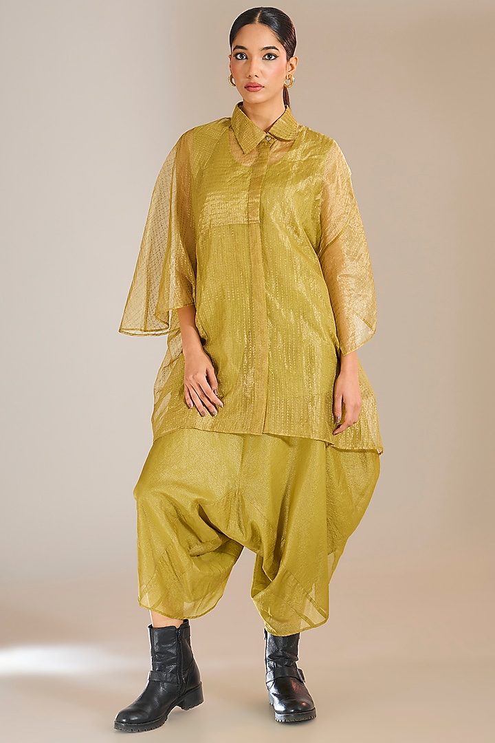 Mehendi Green Zari Kota Silk Shirt by Urvashi Kaur at Pernia's Pop Up Shop