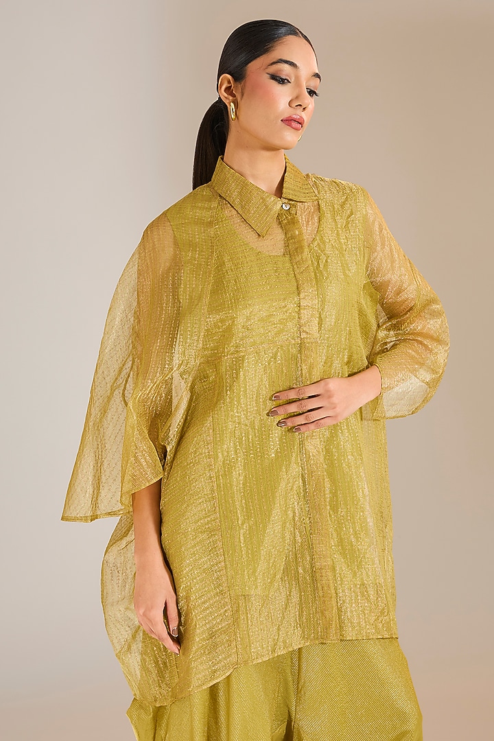Mehendi Green Zari Kota Silk Shirt by Urvashi Kaur at Pernia's Pop Up Shop