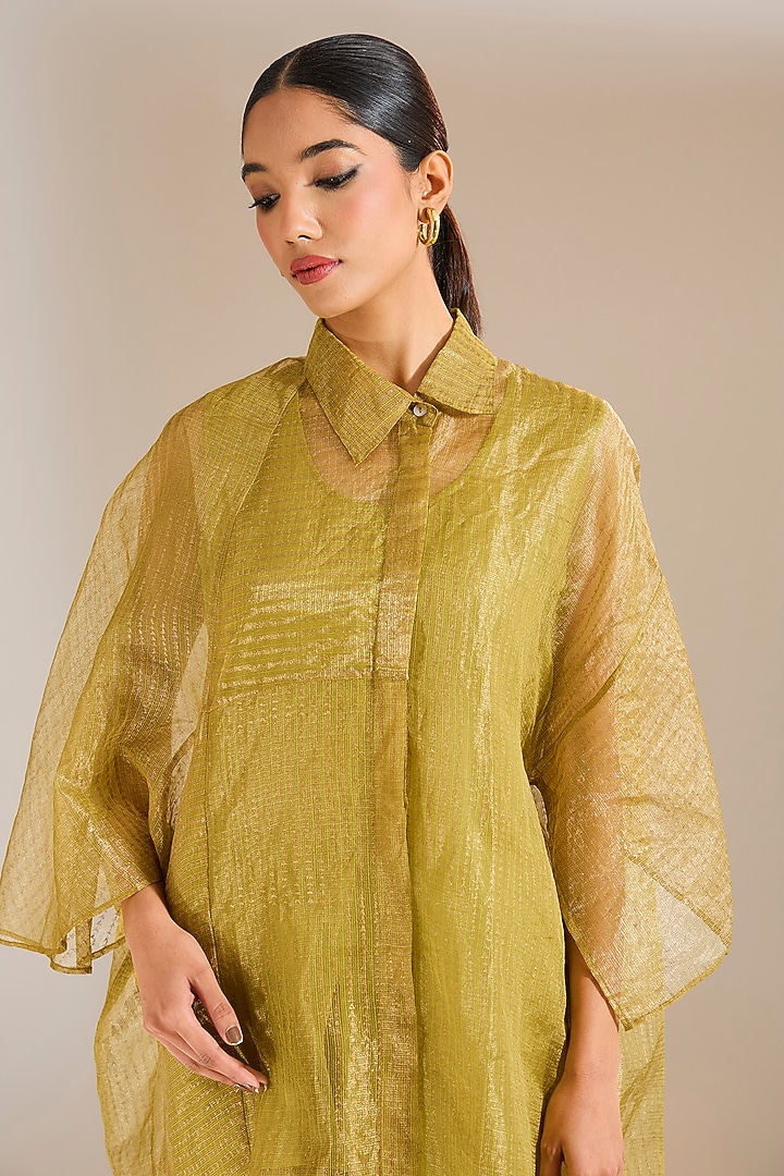 Mehendi Green Zari Kota Silk Shirt by Urvashi Kaur at Pernia's Pop Up Shop